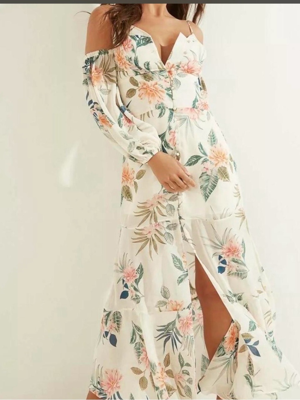 Guess White Floral Off-Shoulder Maxi Dress with Pink & Green Print